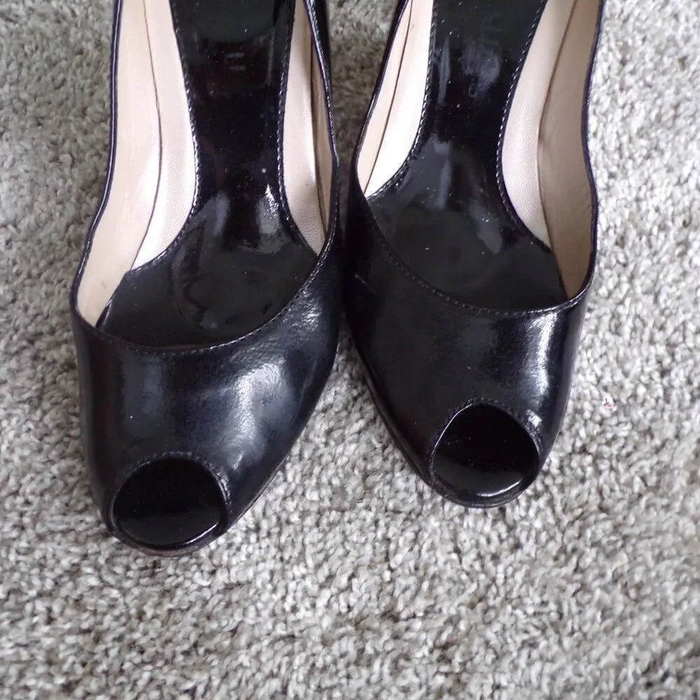 Aquatalia black patent leather peep toe wedges 6